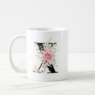 Mug Elegant Alphabet Coffee Cup with Pink Rose Design