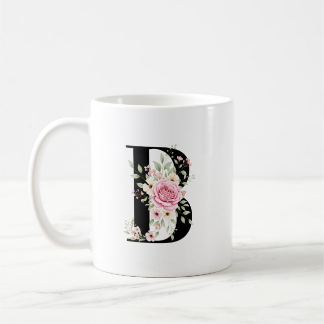 Mug Elegant Alphabet Coffee Cup with Pink Rose Design (Gauche)
