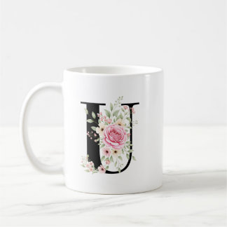 Mug Elegant Alphabet Coffee Cup with Pink Rose Design