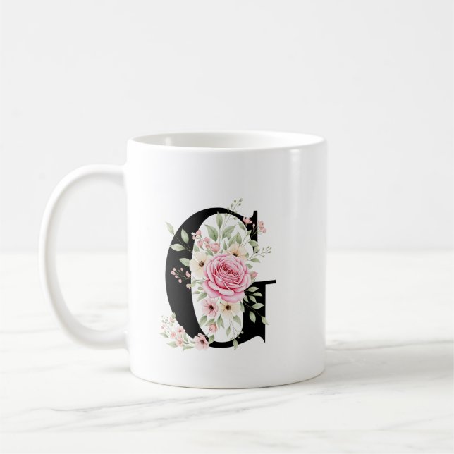 Mug Elegant Alphabet Coffee Cup with Pink Rose Design (Gauche)