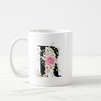 Mug Elegant Alphabet Coffee Cup with Pink Rose Design