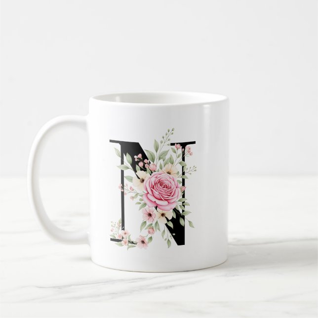 Mug Elegant Alphabet Coffee Cup with Pink Rose Design (Gauche)