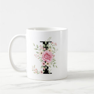 Mug Elegant Alphabet Coffee Cup with Pink Rose Design