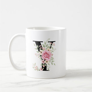 Mug Elegant Alphabet Coffee Cup with Pink Rose Design