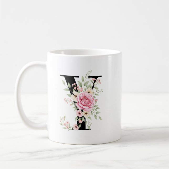Mug Elegant Alphabet Coffee Cup with Pink Rose Design (Gauche)