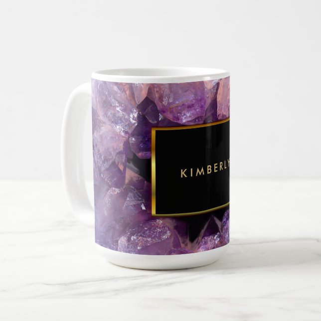 Mug Élégant améthyste violet gemstone geode monogrammé (Devant gauche)