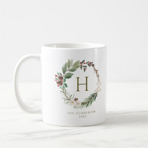 Mug Élégant aquarelle de Noël monogramme de couronne