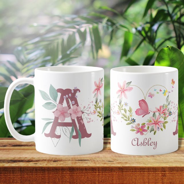 Mug Elégant aquarelle papillon floral Monogramme A (Créateur téléchargé)