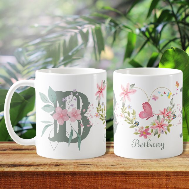 Mug Elégant aquarelle papillon floral Monogramme B (Créateur téléchargé)