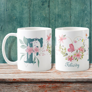 Mug Elégant aquarelle papillon floral Monogramme F