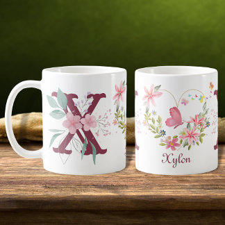 Mug Elégant aquarelle papillon floral Monogramme X