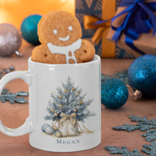 Mug Elégant arbre de Noël personnalisé or bleu aquarel