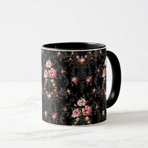 Mug Élégant Arrière - plan Floral-Noir de Rococo