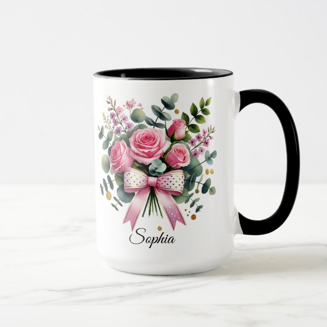 Mug Élégant avec Nom Personnalisé Rose Rose (Droite)