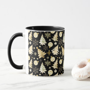 Mug Élégant Black Gold Snowflakes Christmas Tree Balls