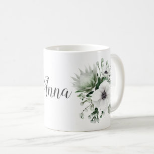 Mug Élégant blanc Anémones Protea Eucalyptus Nom