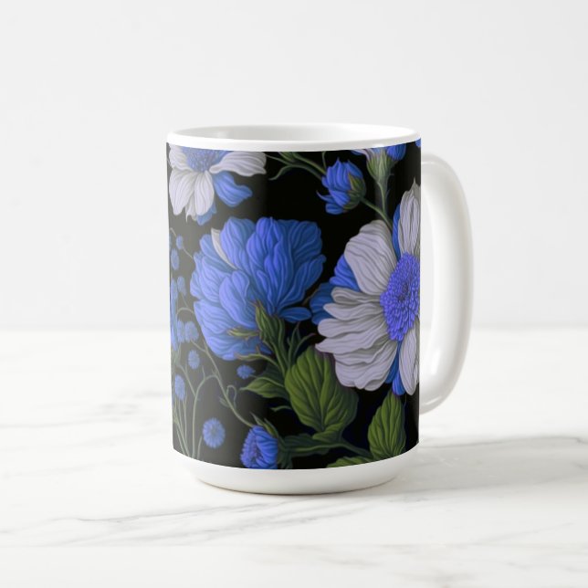 Mug Elégant bleu argenté blanc élégant floral rétro (Devant droit)