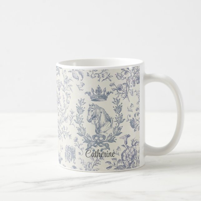 Mug Elégant bleu beige équestre fleuri Nom (Droite)