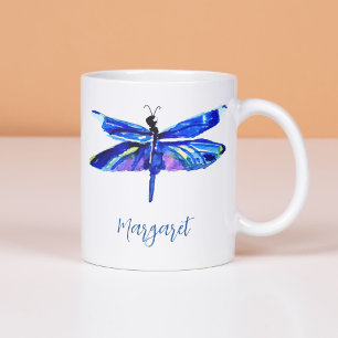 Mug Elégant bleu Dragonfly Peint à la main Aquarelle