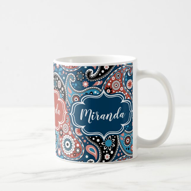 Mug Élégant Bleu et Rouge Paisley Imprimer Texte perso (Droite)