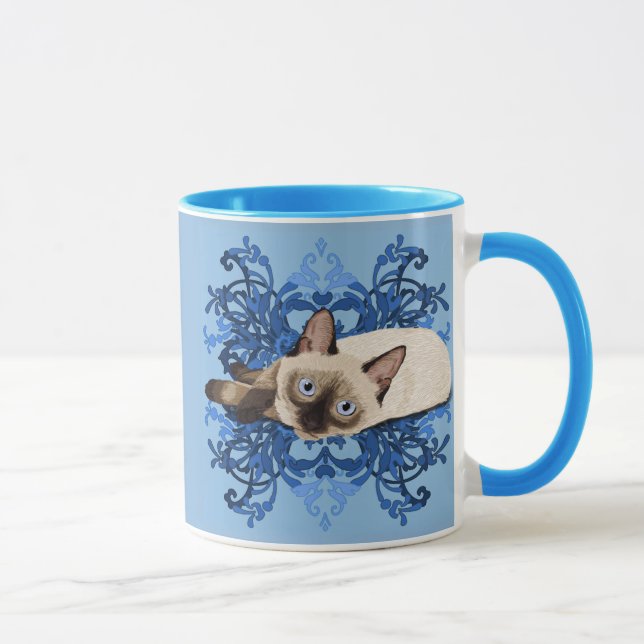Mug Elégant bleu floral chat siamois jolie féline (Droite)