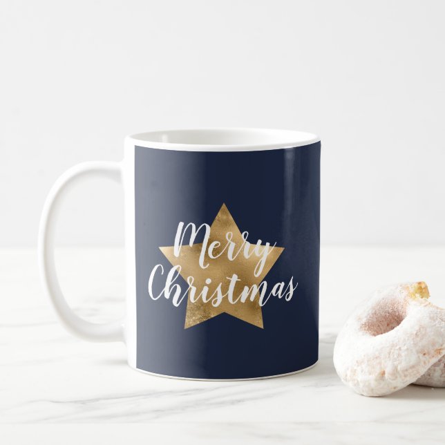 Mug Élégant bleu marine étoile d'or Noël (Avec donut)