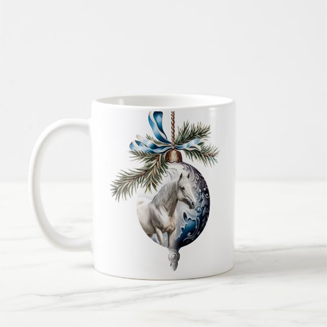 Mug Élégant bleu Noël blanc cheval équestre (Gauche)