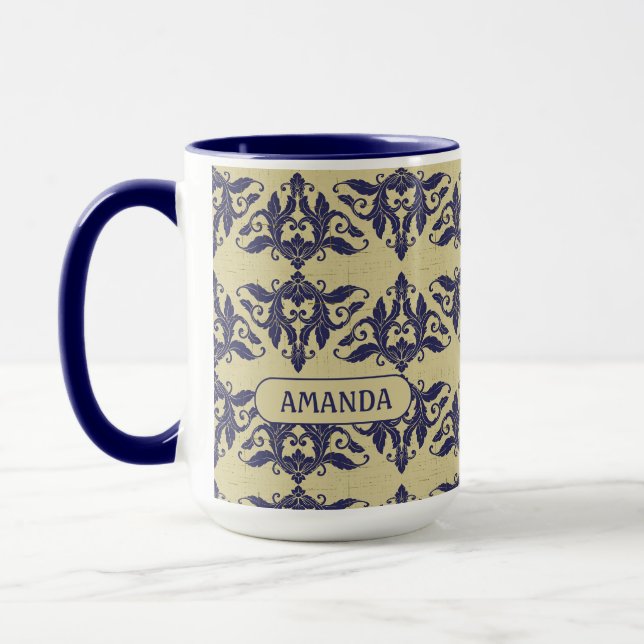 Mug Élégant Bleu Nuit Jaune Damassé Vintage Monogramme (Gauche)