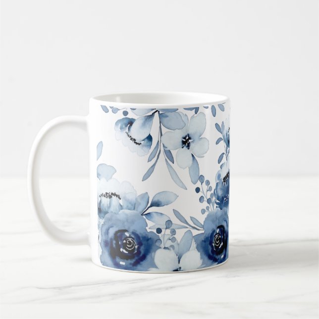 Mug Elégant bleu orageux aquarelle florale (Gauche)