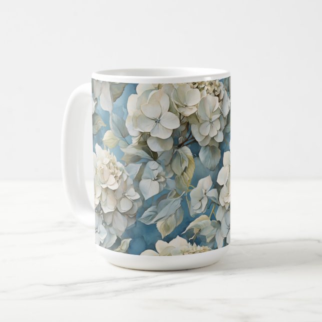 Mug Elégant bleu poussiéreux turquoise ivoire hydrangé (Devant gauche)