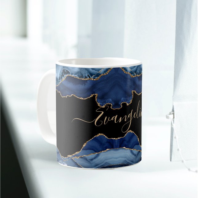 Mug Élégant Blue Gold Agate Nom du script (Créateur téléchargé)