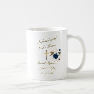 Mug Élégant Blue Gold Floral Calligraphie Garçon Baptê