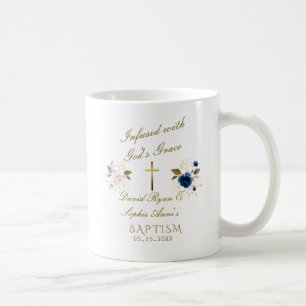 Mug Élégant Blue Gold Floral Calligraphie Jumeaux Bapt