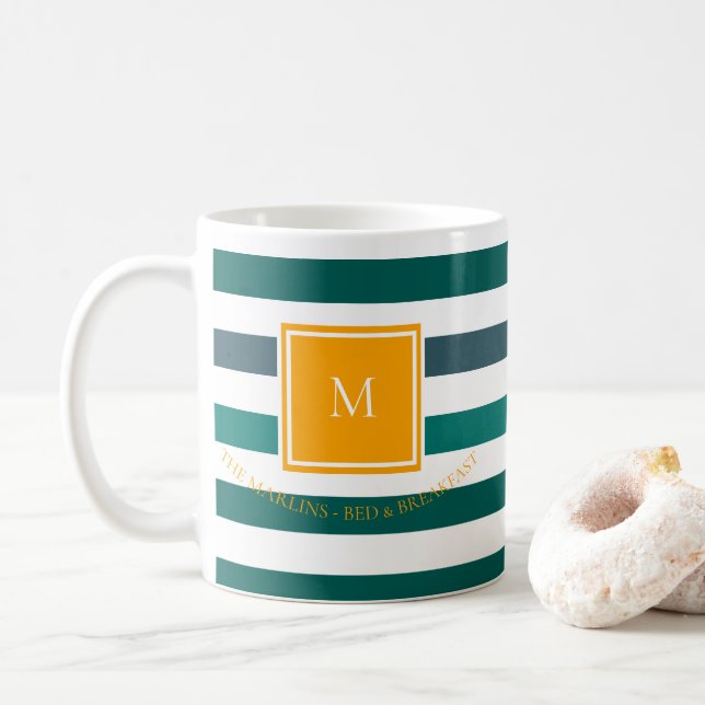Mug Élégant blues Turquoise blanc rayé Monogramme B &  (Avec donut)