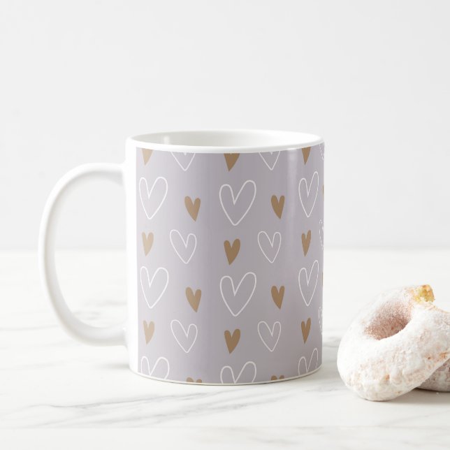 Mug Elégant Boho Pastel Coeurs Grey Gold Cadeau (Avec donut)