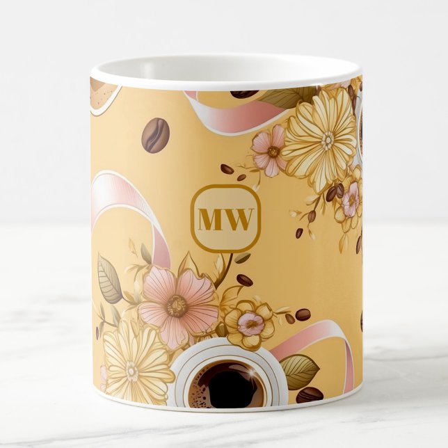 Mug Élégant café fleurs jaunes et ruban monogramme (Créateur téléchargé)