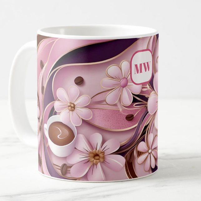 Mug Élégant café fleurs roses et ruban monogramme (Créateur téléchargé)