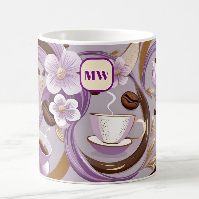 Mug Élégant café lavande fleurs & ruban monogramme (Créateur téléchargé)