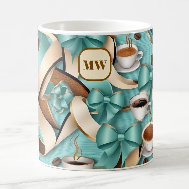 Mug Élégant café turquoise ruban arcs monogramme (Créateur téléchargé)