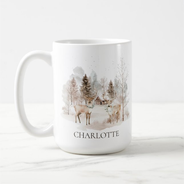 Mug Élégant Cerf de la Forêt Rustique d'Hiver (Gauche)