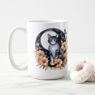 Mug Élégant Chat noir Floral Moon Art Amoureux des cha