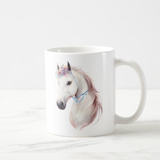 Mug Elégant Cheval Blanc avec Art Floral Couronne Impr (Droite)