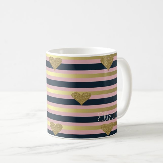 Mug Élégant Chic  Cœurs Pailletés Faux Or Sur Rayures (Devant droit)