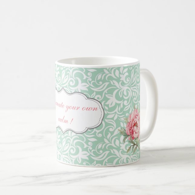 Mug Élégant Chic Damassé, Roses, Message Motivationnel (Devant droit)