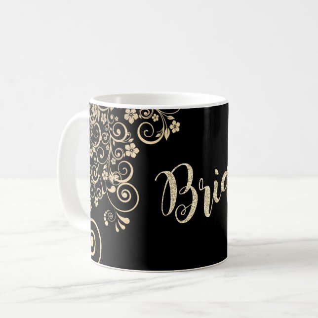 Mug Élégant Chic Fleurs en Or, Mariée (Devant gauche)