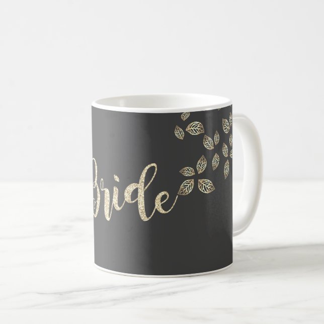 Mug Élégant Chic Gold Feuilles, Mariée (Devant droit)