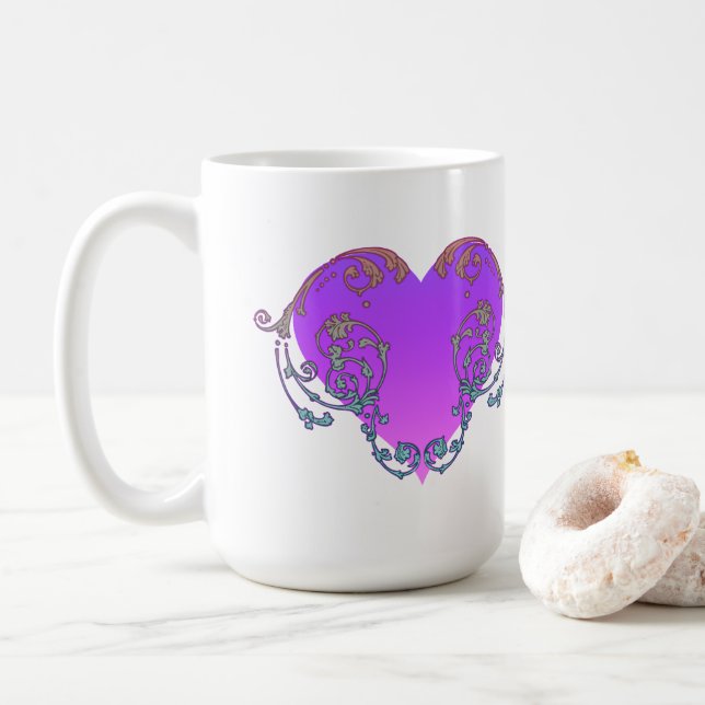Mug Élégant Cœur Violet Romantique avec Floraison (Avec donut)