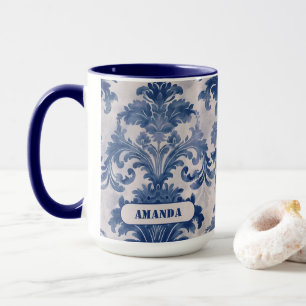Mug Élégant damasqué monogramme Toile de Jouy bleue