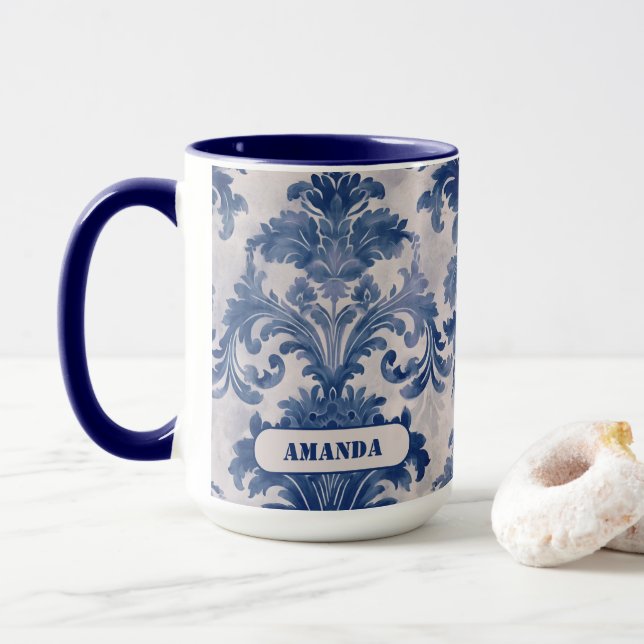 Mug Élégant damassé Bleu toile de jouy monogramme (Avec donut)
