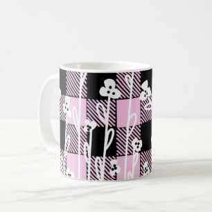 Mug Élégant doodé noir rose floral plaid motif